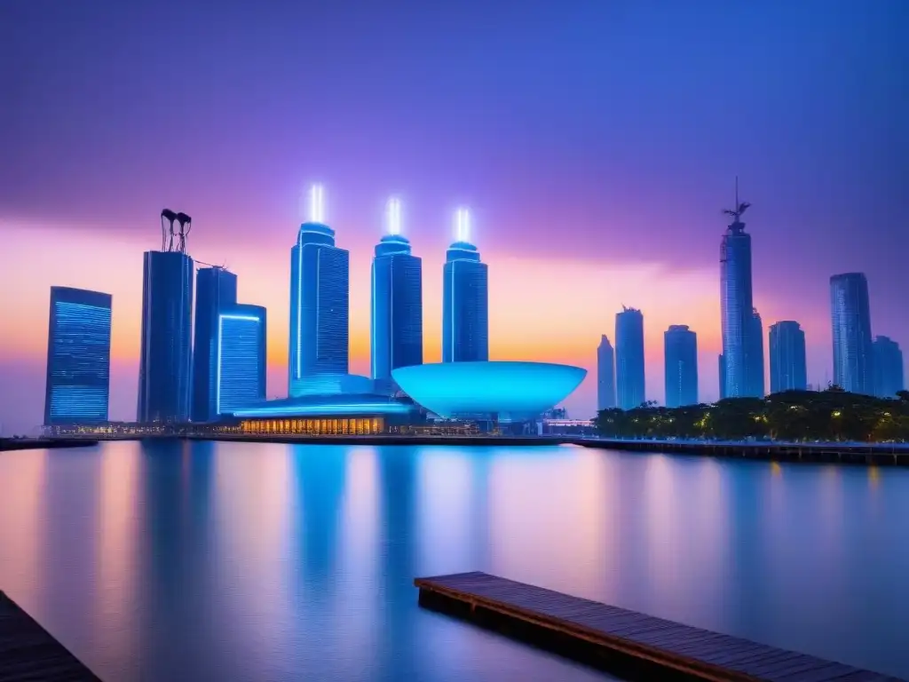 Metrópolis futurista: luces neón y arquitectura innovadora Vista nocturna de ciudad futurista con rascacielos iluminados y agua tranquila, simbolizando inversiones inmobiliarias disruptivas mercado global