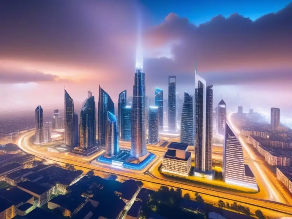 Skyline futurista: sinergia y crecimiento en bienes raíces Vista nocturna de una ciudad futurista con rascacielos interconectados, simbolizando sinergias postfusión bienes raíces