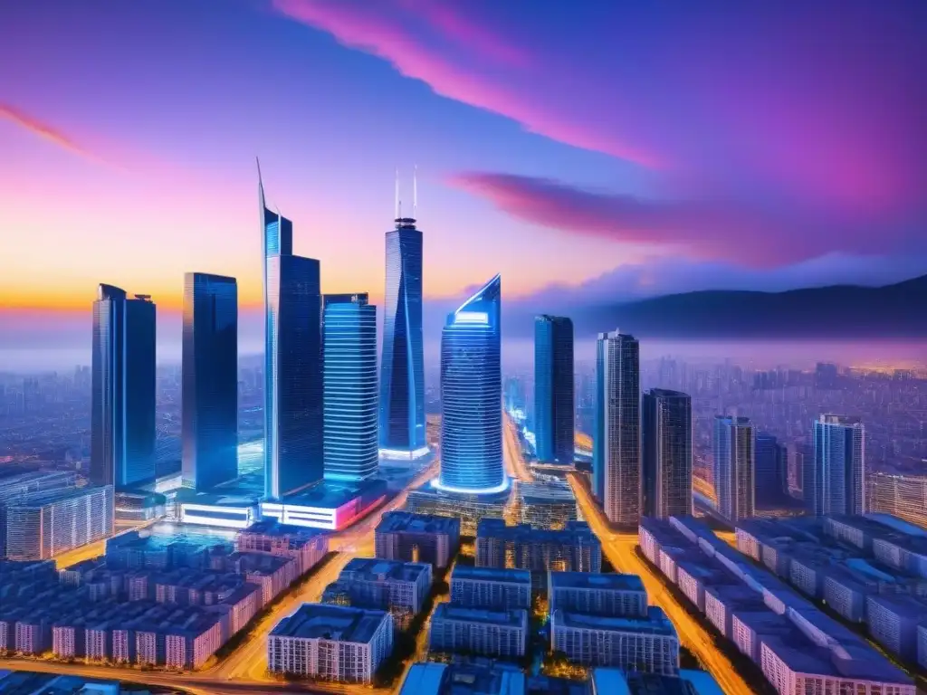 Horizonte urbano futurista iluminado por luces neón vibrantes al anochecer Vista nocturna de ciudad futurista con rascacielos iluminados por luces neón, reflejando el mercado inmobiliario internacional generación Millennial