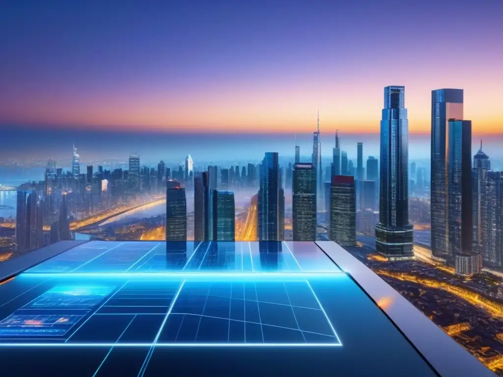 Interfaz digital futurista en skyline urbano al atardecer Vista nocturna de ciudad con interfaz digital futurista y datos de marketing inmobiliario internacional herramientas tecnológicas