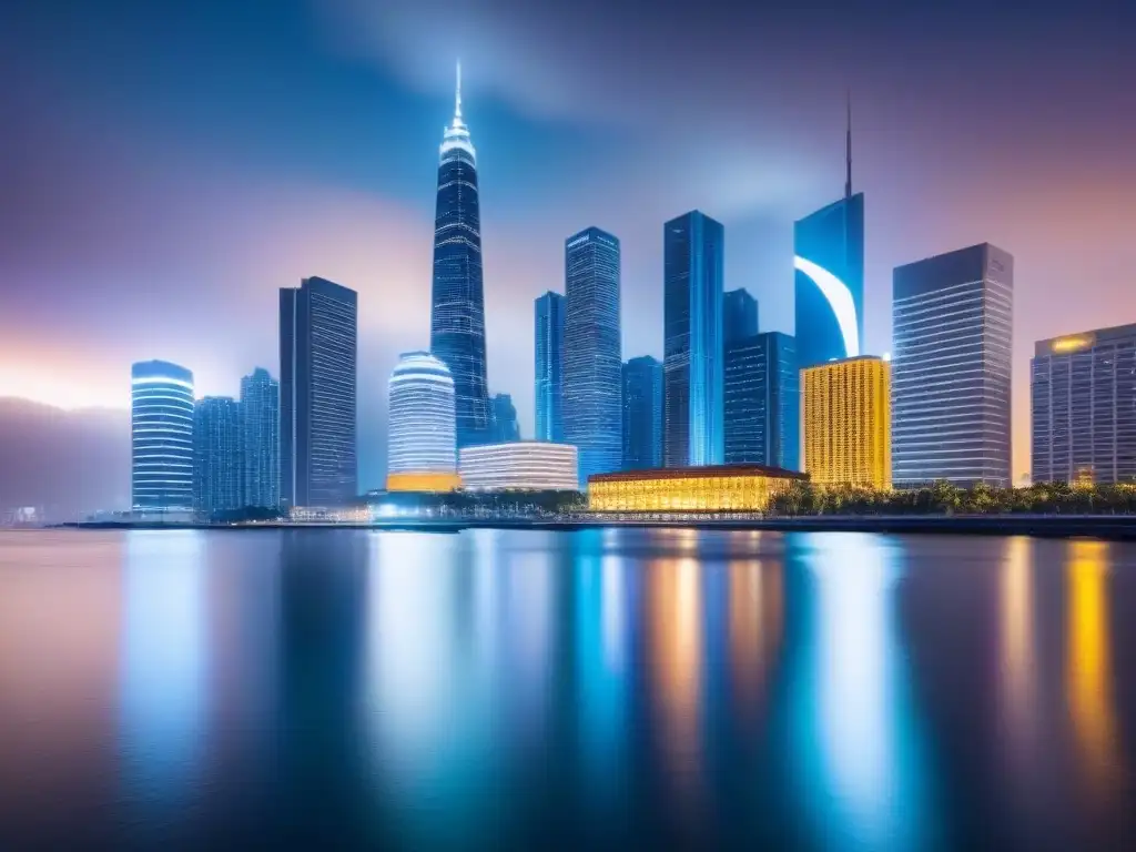 Skyline futurista: luces y agua al atardecer Vista nocturna de una ciudad moderna y próspera con rascacielos iluminados, reflejándose en el agua