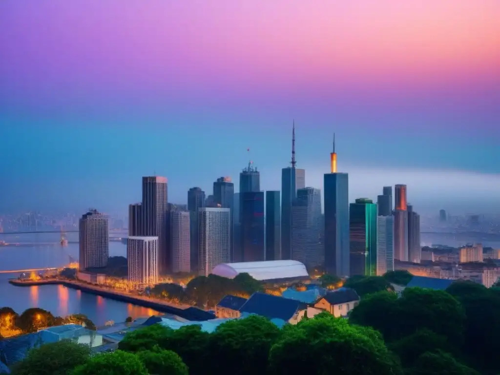 Skyline urbano al anochecer: inversión inmobiliaria global Vista nocturna de la ciudad moderna con luces de colores, reflejando un paisaje global para invertir en bienes raíces internacionales