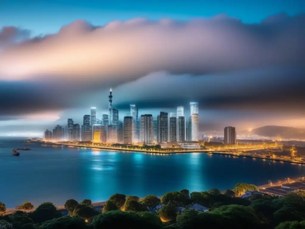 Vista nocturna de una ciudad moderna con rascacielos iluminados, simbolizando estabilidad en inversiones en REITs durante crisis económicas