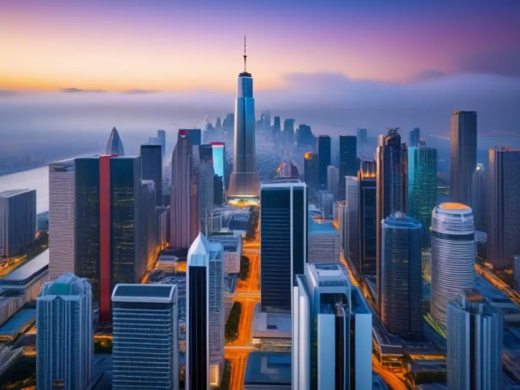 Horizonte urbano futurista: rascacielos vibrantes en 8k Vista nocturna de una ciudad moderna con rascacielos futuristas iluminados, reflejando el mercado inmobiliario internacional