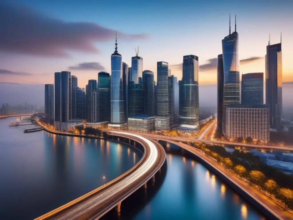Fascinante ciudad moderna al anochecer Vista nocturna de una ciudad moderna y vibrante con rascacielos iluminados, reflejos en el río