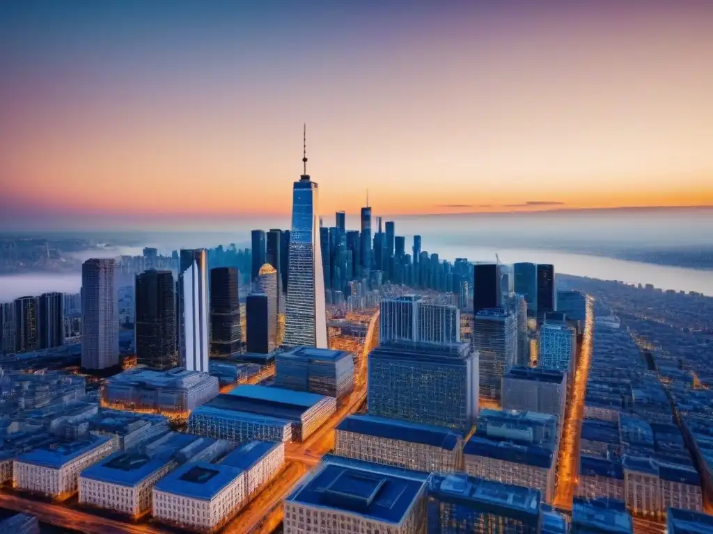 Fintech transforma cielos urbanos en crepúsculo Vista nocturna de ciudad moderna con rascacielos iluminados por el sol poniente, reflejando luces cálidas en las calles