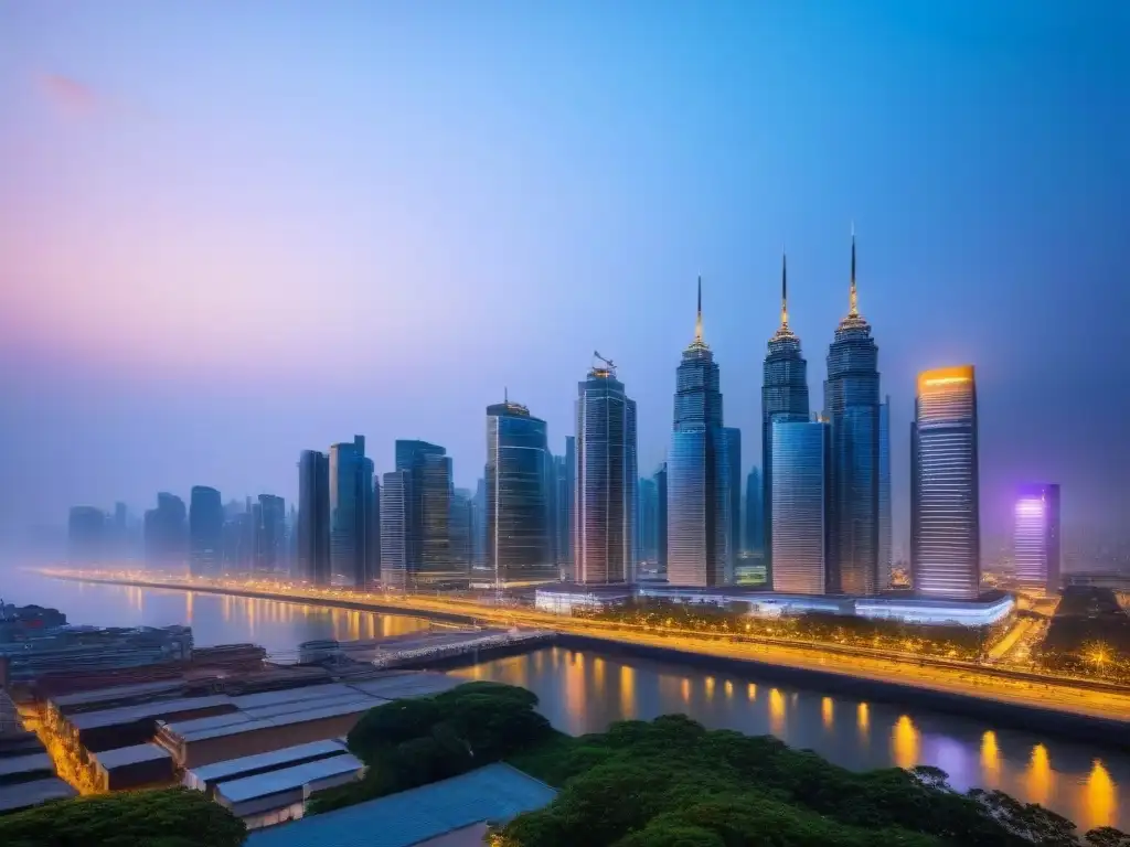 Horizonte urbano diverso y vibrante: oportunidades globales en bienes raíces Vista nocturna de una ciudad moderna con rascacielos de diferentes alturas y diseños, reflejando la diversificación internacional en inmobiliario