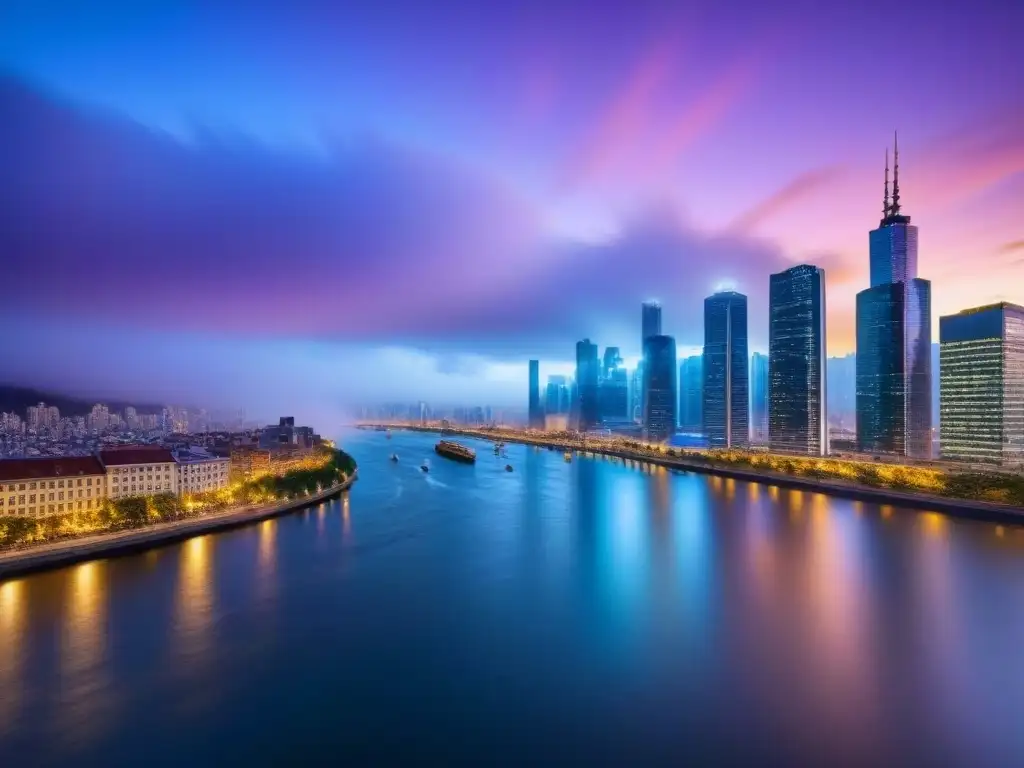 Metrópolis vibrante al atardecer: luces de la ciudad en río sereno Vista nocturna de una ciudad moderna y vibrante, reflejando rascacielos iluminados en un río tranquilo