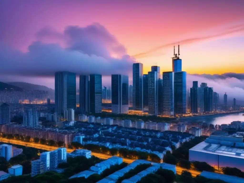 Oportunidades y desafíos: ciudad moderna al anochecer Vista nocturna de una ciudad moderna con rascacielos iluminados, representando el Riesgo inmobiliario en crisis global