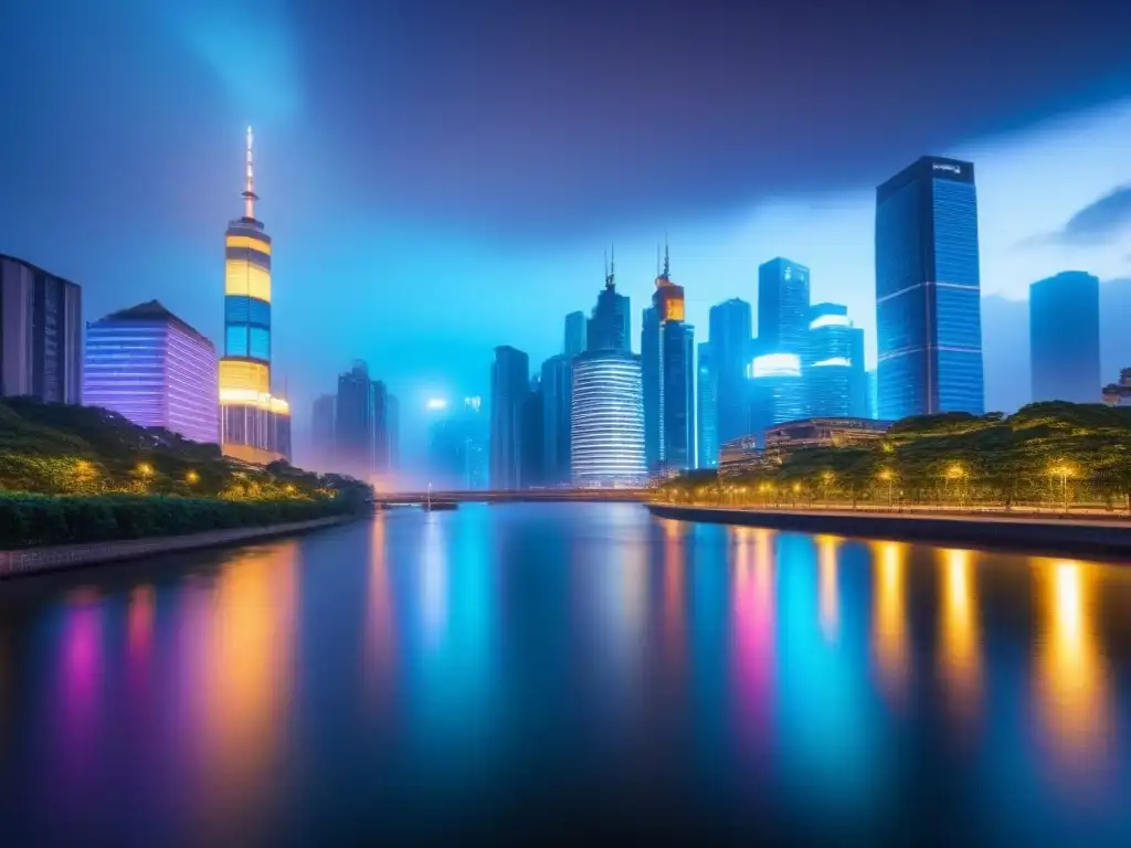 Skyline futurista: protección total en seguro de propiedades comerciales Vista nocturna de ciudad moderna con rascacielos iluminados y reflejos en río tranquilo