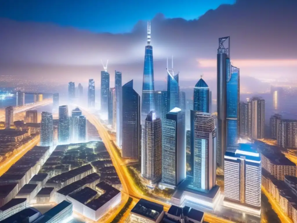 Skyline futurista: arquitectura innovadora en la era digital Una vista nocturna de una ciudad moderna con rascacielos iluminados y calles llenas de gente
