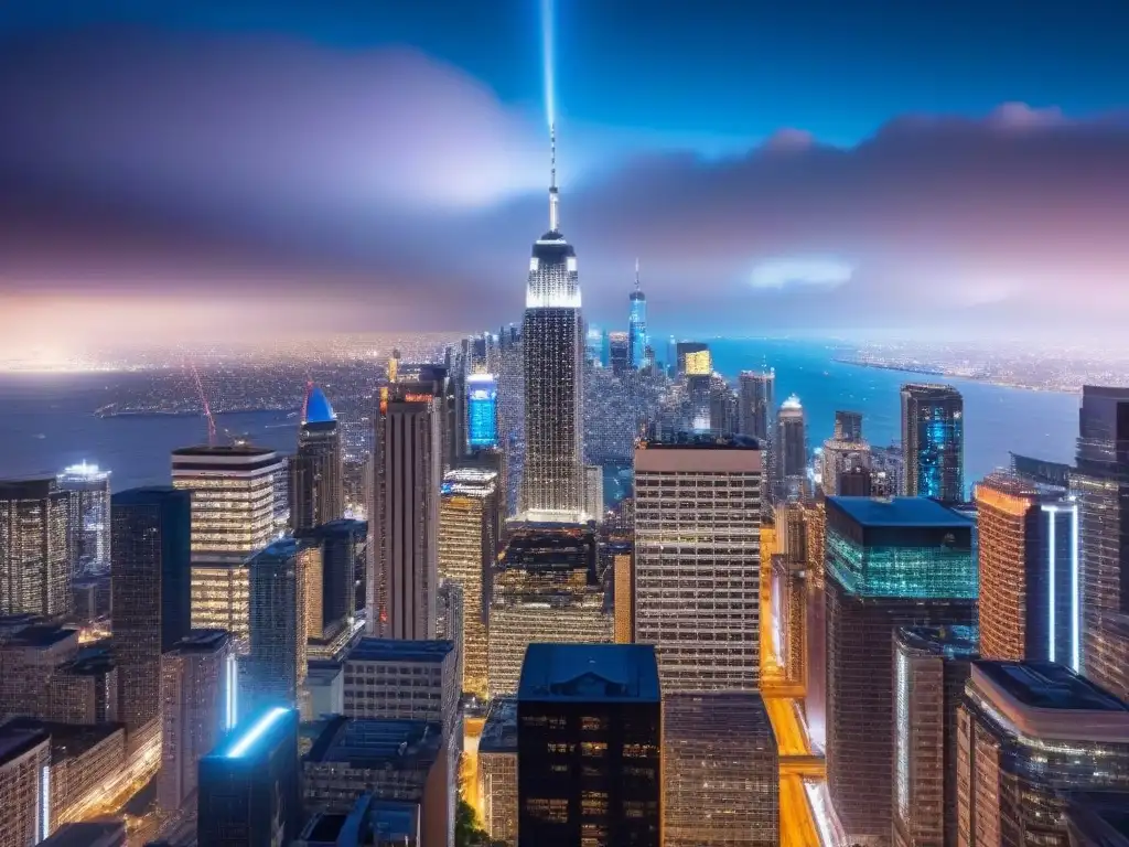 Metrópolis nocturna: luces y prosperidad urbana en 8k Vista nocturna de una ciudad moderna y vibrante con rascacielos iluminados, reflejando el ajetreo del mercado inmobiliario internacional