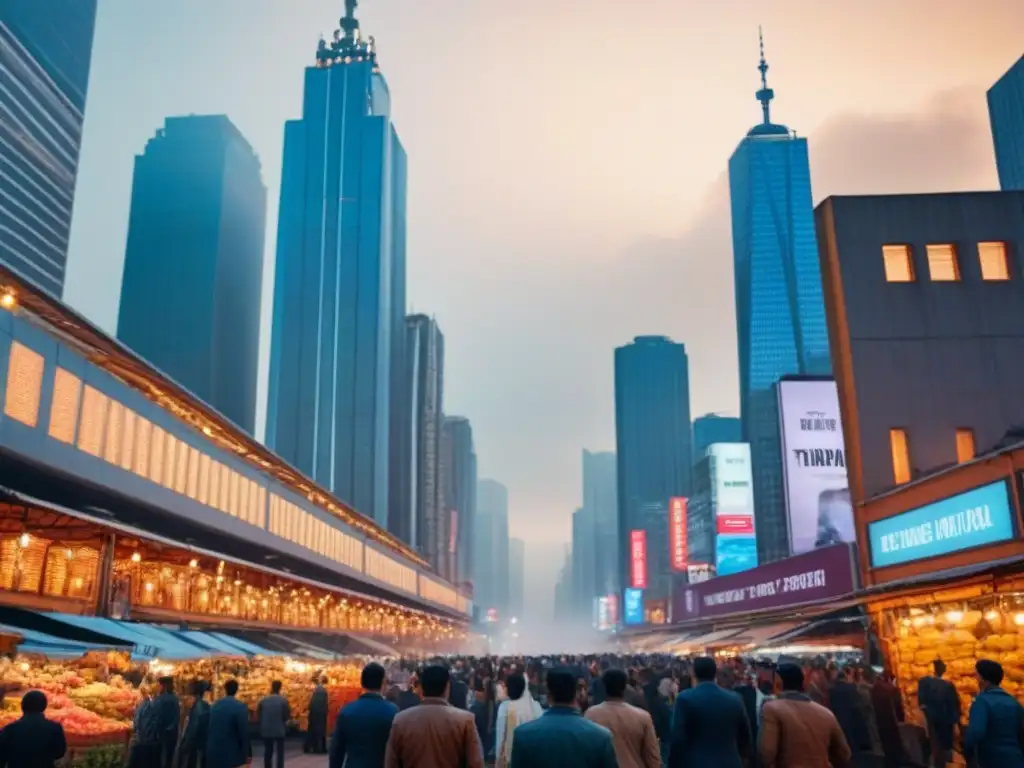 Vibrante metrópolis al atardecer: mercado inmobiliario emergente Vista nocturna de ciudad moderna con rascacielos iluminados y bulliciosa calle