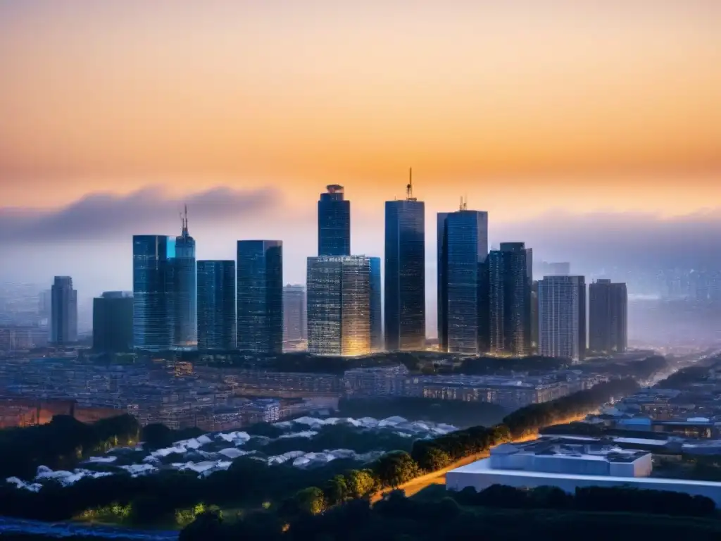 Skyline nocturno: blockchain en la arquitectura Vista nocturna de la ciudad con patrones digitales de blockchain, fusionando tecnología blockchain en mercado inmobiliario