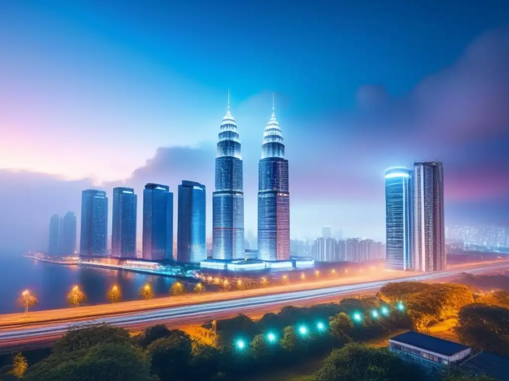 Futuro inmobiliario: Contratos inteligentes transforman ciudades Vista nocturna de la ciudad con rascacielos iluminados y una interfaz digital, reflejando eficiencia en contratos inteligentes en inmobiliaria