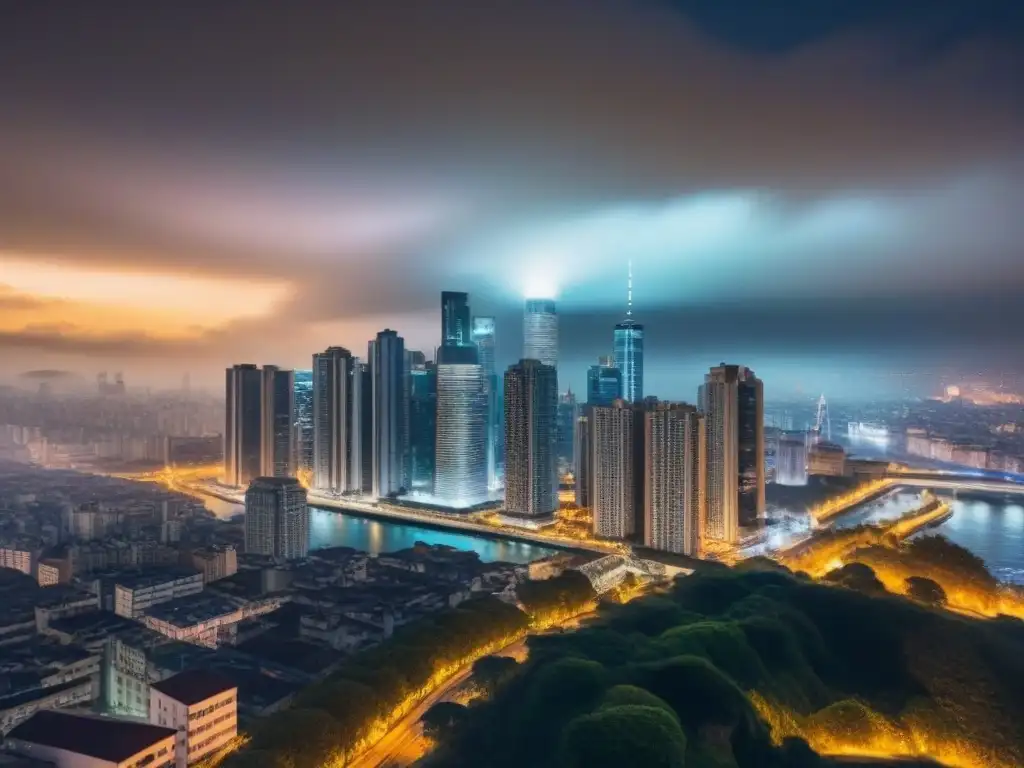 Horizonte nocturno de ciudad: luces y arquitectura en alta resolución Vista nocturna de la ciudad con rascacielos modernos y edificios históricos iluminados, simbolizando el análisis ciclo inmobiliario y crisis