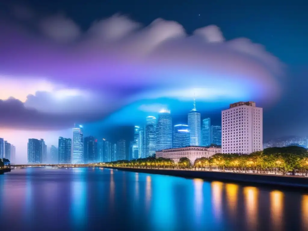 Metrópolis nocturna: luces y arquitectura moderna reflejadas en el río Vista nocturna de la ciudad con rascacielos iluminados reflejándose en un río tranquilo, simbolizando la interconexión global y el impacto de las políticas de vivienda globales