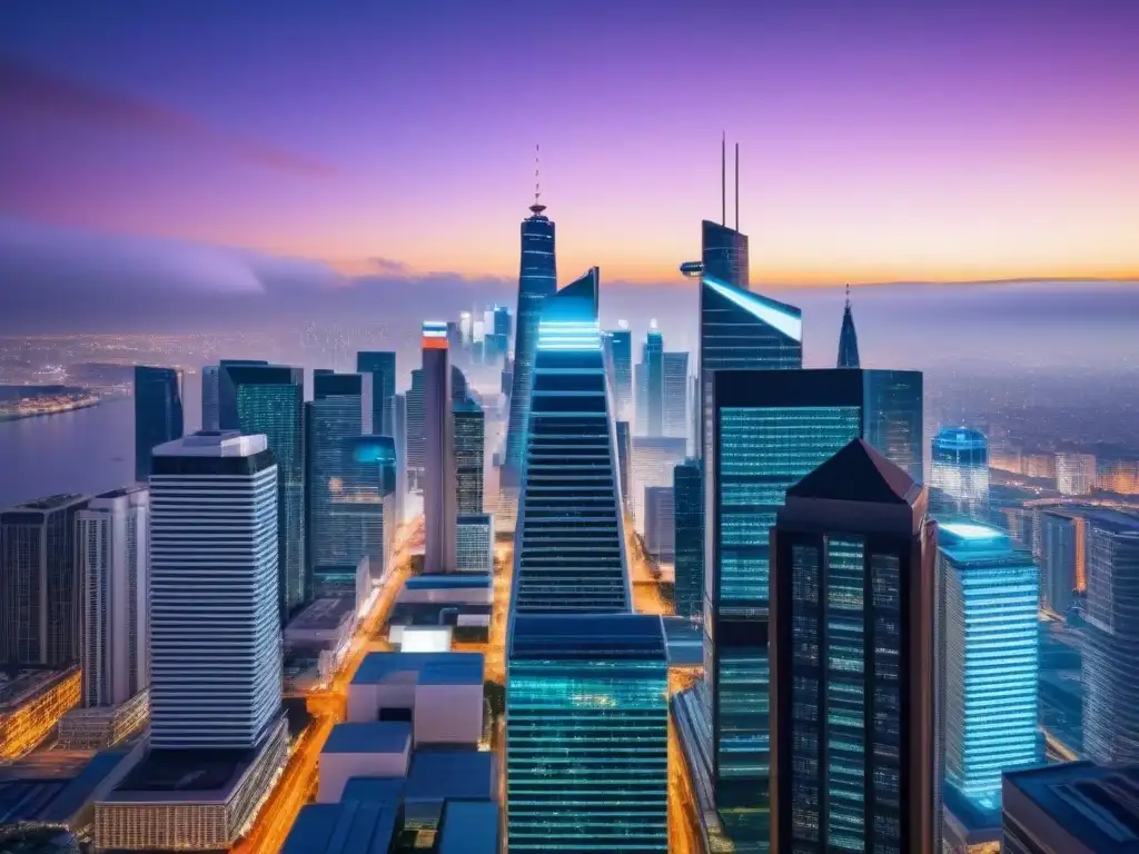 Vista nocturna de la ciudad con rascacielos iluminados y datos financieros en edificio de cristal
