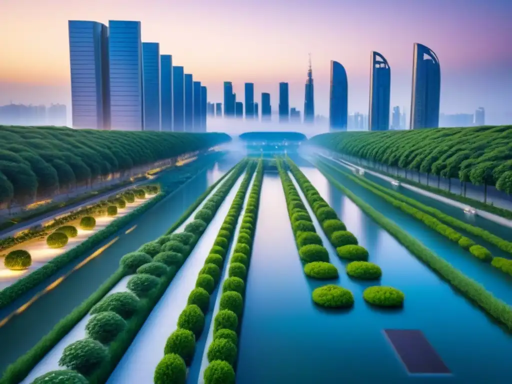Skyline futurista sostenible: ciudad ecoamigable en 8k Vista nocturna de ciudad futurista sostenible con edificios ecoamigables y naturaleza, legado ético mercado inmobiliario internacional