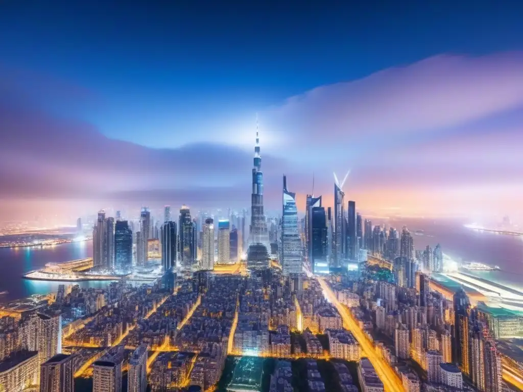 Skyline global: impacto de REITs en ciudades emblemáticas Vista nocturna de ciudades globales con REITs, simbolizando la expansión de inversiones inmobiliarias globales con REITs