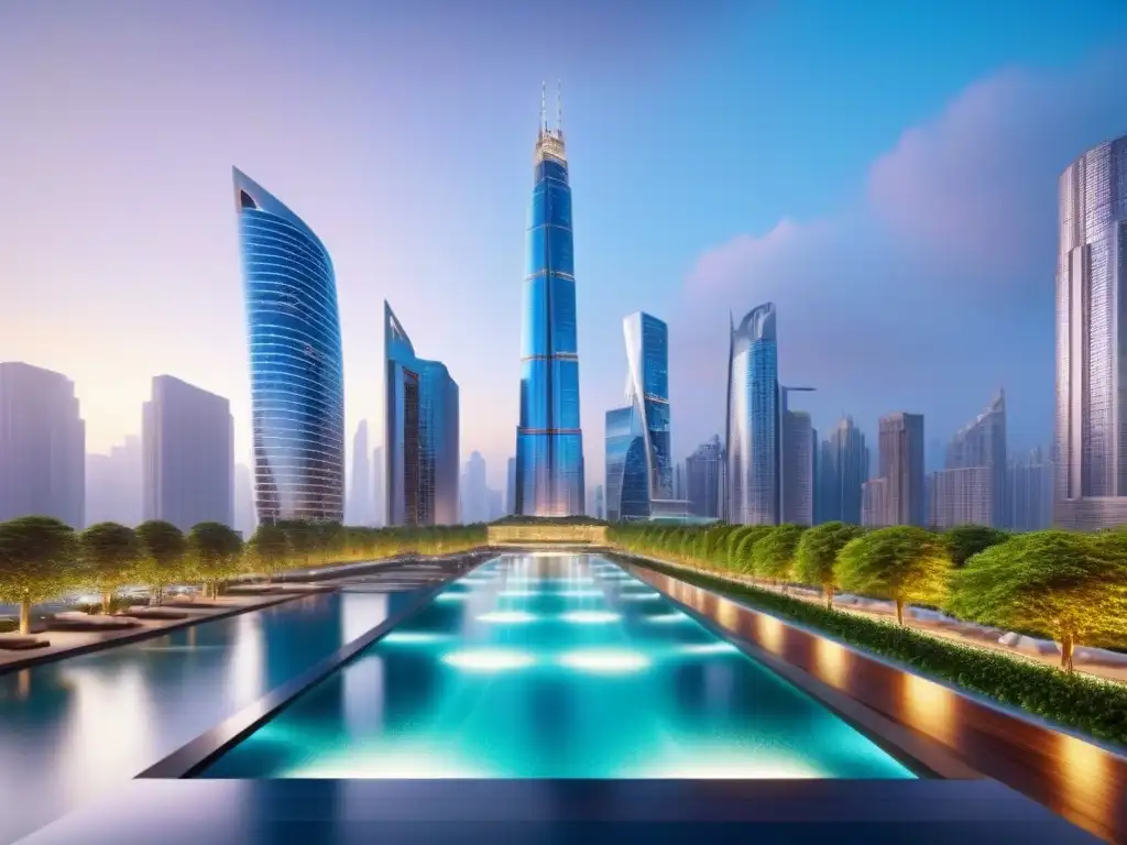 Complejo futurista de rascacielos en ciudad internacional Vista nocturna de complejo futurista en ciudad internacional, transmitiendo innovación y estrategias anticíclicas mercado inmobiliario internacional