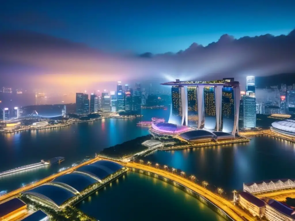 Skyline de Singapur de noche: lujo y modernidad en 8K Vista nocturna de ensueño de Singapur, destacando propiedades de lujo en megaciudades asiáticas