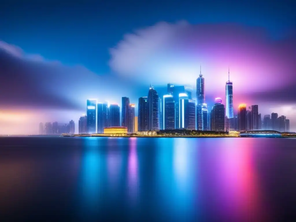 Metrópolis futurista: luces neón en skyline 8k Vista nocturna futurista de una ciudad iluminada por neones sobre el agua