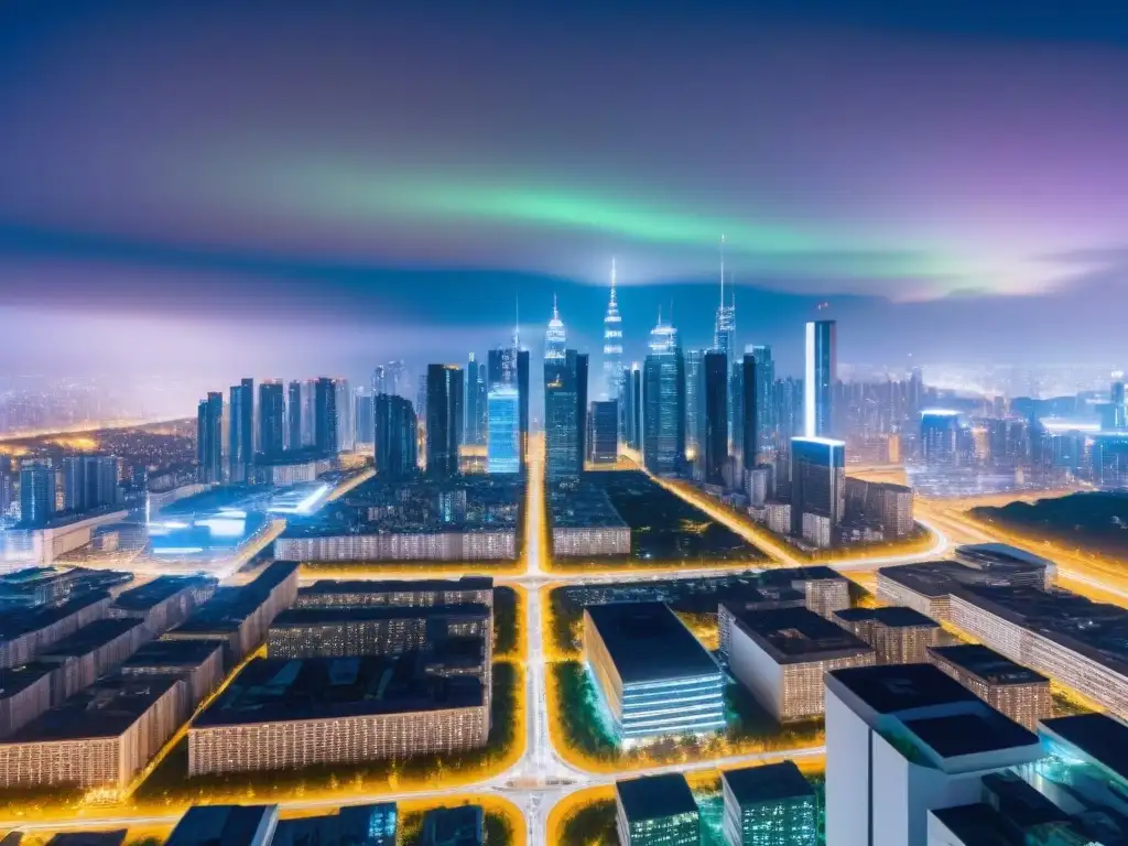 Metrópolis futurista: ciberseguridad en el mercado inmobiliario Vista nocturna futurista de una ciudad con ciberseguridad en mercado inmobiliario global