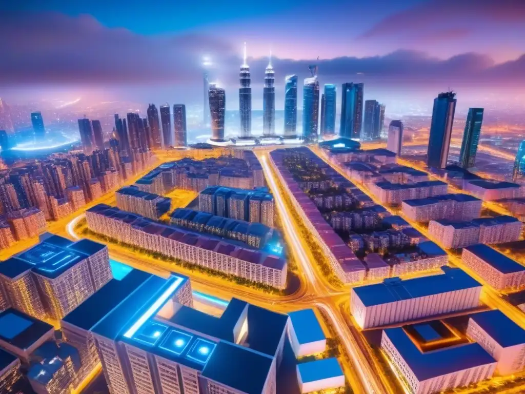 Metrópolis futurista: IA y IoT transforman la ciudad nocturna Vista nocturna futurista de la ciudad con rascacielos brillantes y drones, reflejo de Tendencias inmobiliarias inteligencia artificial IoT