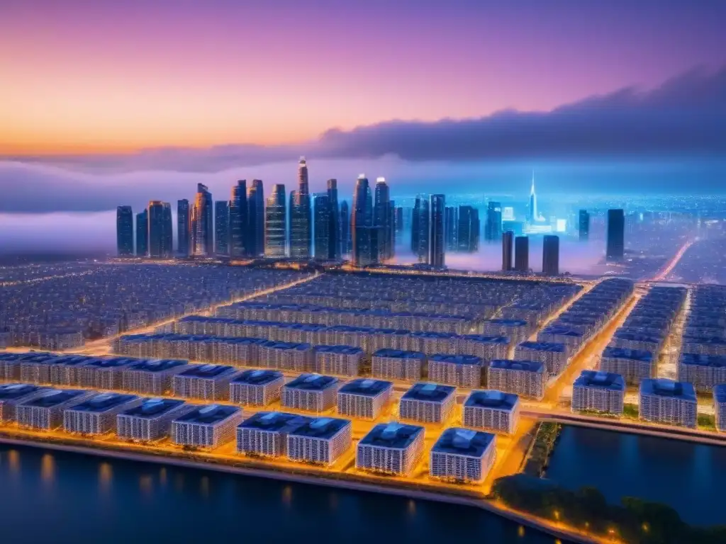 Metrópolis futurista: tecnología inmobiliaria avanzada en la noche Vista nocturna futurista en 8k de ciudad tecnológica con análisis predictivo mercado inmobiliario internacional
