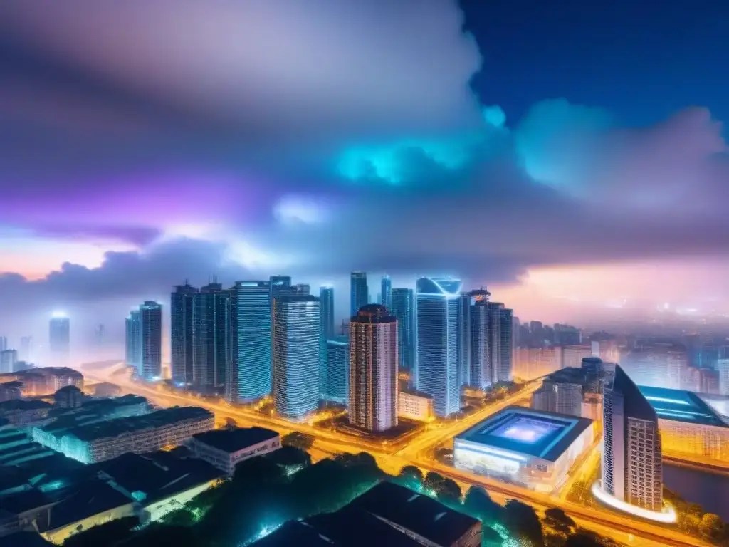 Nubes digitales sobre la ciudad: gestión inmobiliaria global Vista nocturna futurista de la ciudad con rascacielos iluminados y redes de datos brillantes, simbolizando la interconexión en el mercado inmobiliario internacional