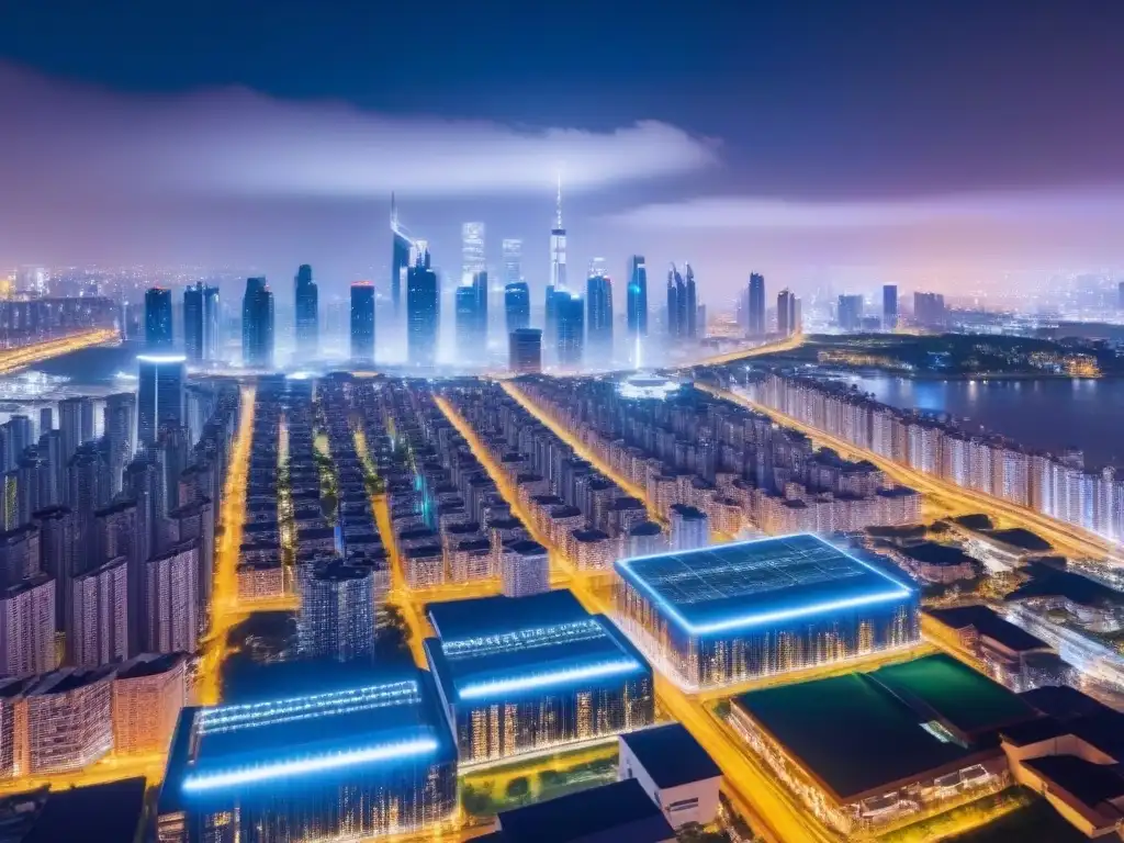 Skyline futurista: seguridad inteligente en la ciudad nocturna Vista nocturna futurista de la ciudad con IA en seguridad de propiedades