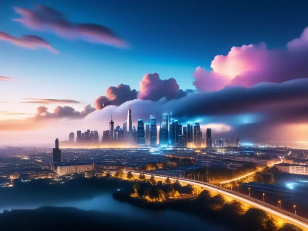 Metrópolis futurista iluminada por nubes de datos en 8k Vista nocturna futurista de ciudad iluminada por nubes de datos, representando plataformas gestión propiedades internacionales nube
