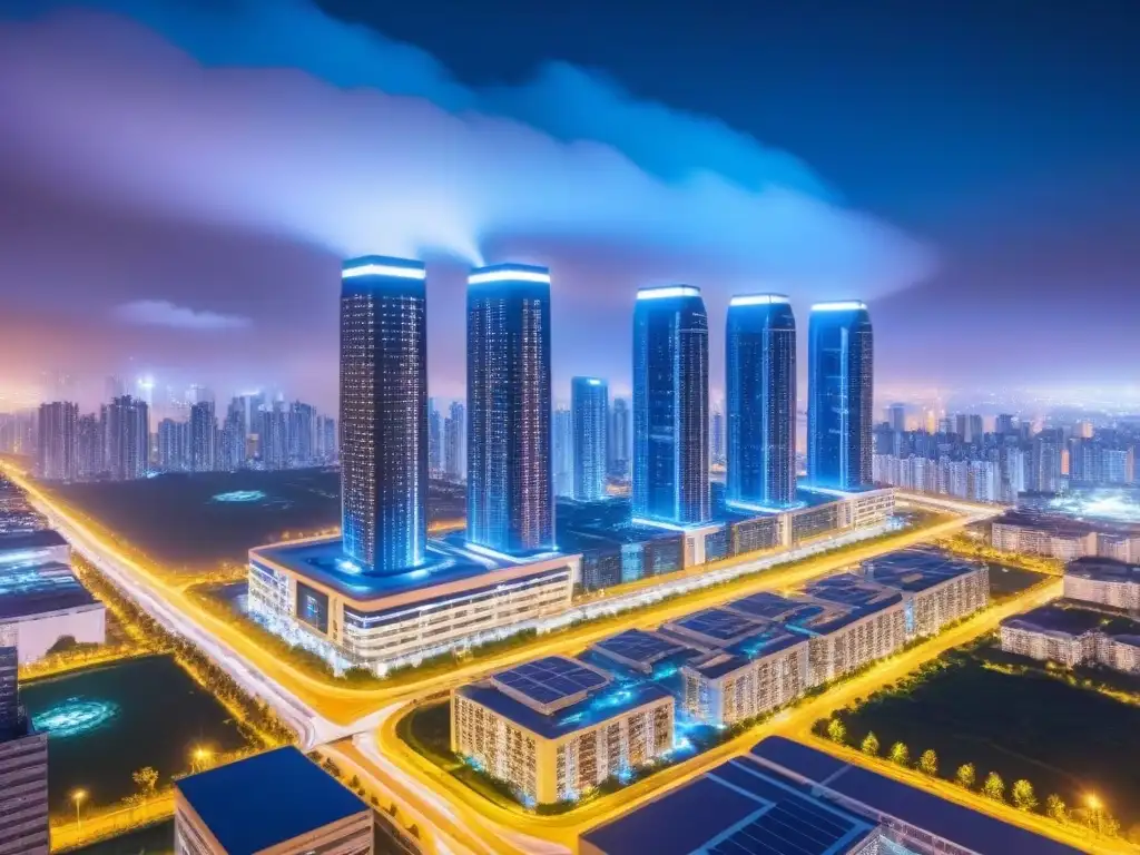 Ciudad futurista: ciberseguridad en la arquitectura Vista nocturna futurista de una ciudad con rascacielos iluminados y drones de seguridad, integrando seguridad cibernética en inversiones inmobiliarias