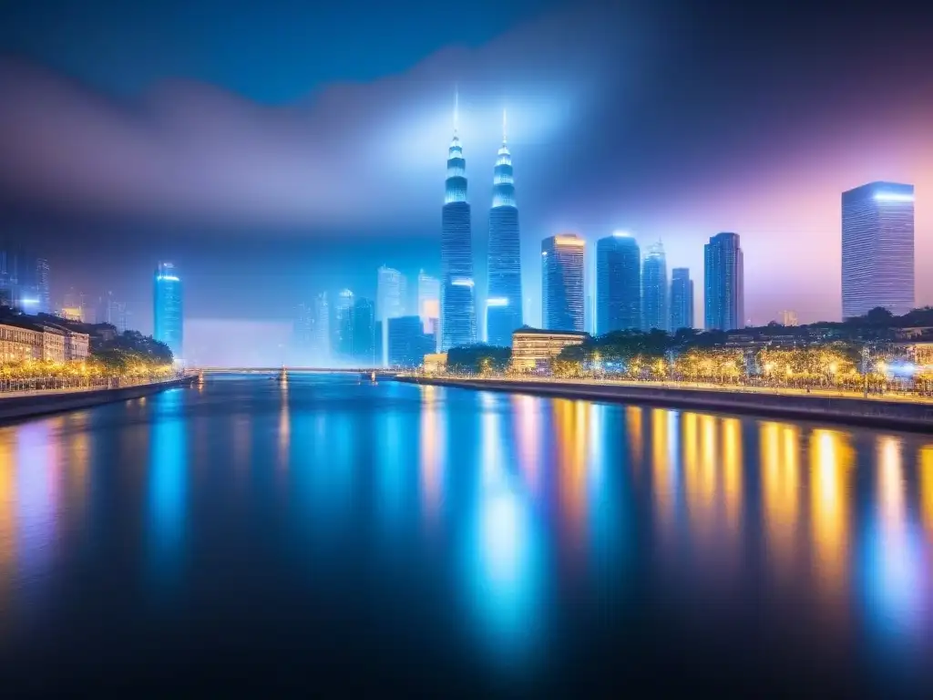 Metrópolis futurista: luces dinámicas en río de cristal Vista nocturna futurista de una ciudad con blockchain en financiamiento inmobiliario internacional