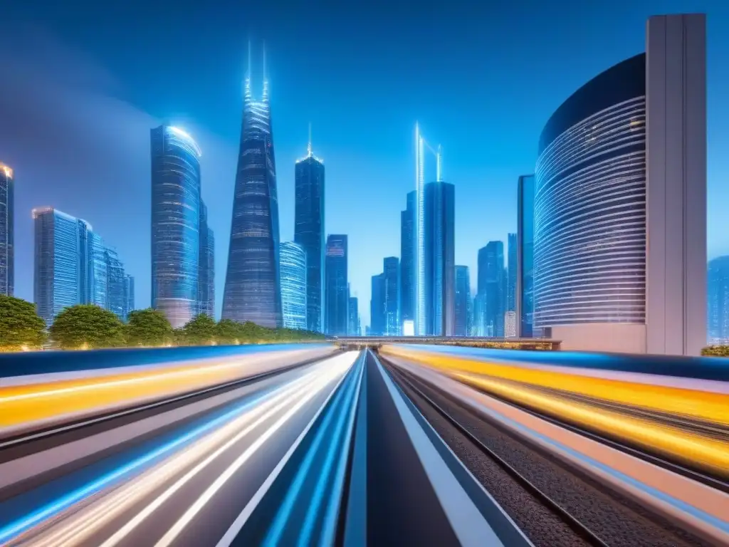 Metrópolis futurista: luces, tecnología y modernidad Vista nocturna futurista de una ciudad moderna con rascacielos iluminados, carreteras brillantes y trenes de alta velocidad