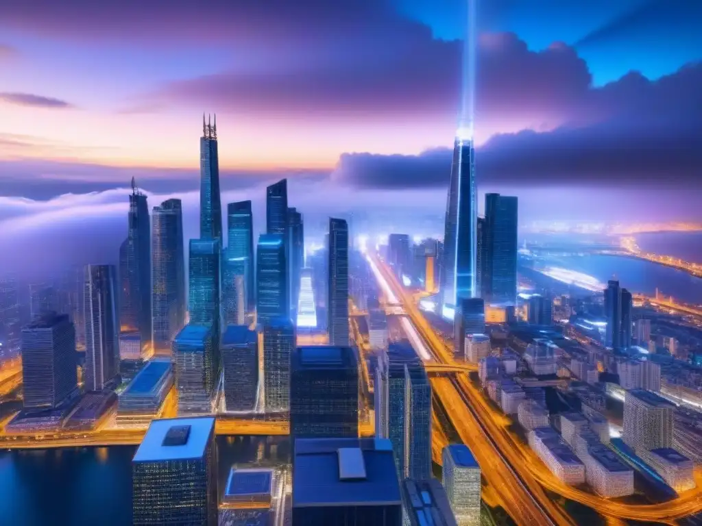 Metrópolis futurista: red digital brillante entre rascacielos Vista nocturna futurista de una ciudad con infraestructura digital interconectada y datos brillantes entre rascacielos
