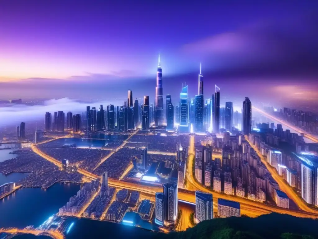 Metrópolis futurista: luces azules y moradas en ultra alta definición Vista nocturna futurista de una ciudad iluminada con rascacielos y pantallas digitales en azul y morado