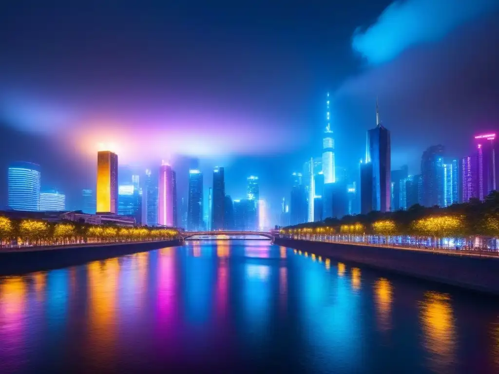Metrópolis futurista: luces neón en la noche Vista nocturna futurista de una ciudad con rascacielos iluminados por luces de neón, reflejándose en un río tranquilo