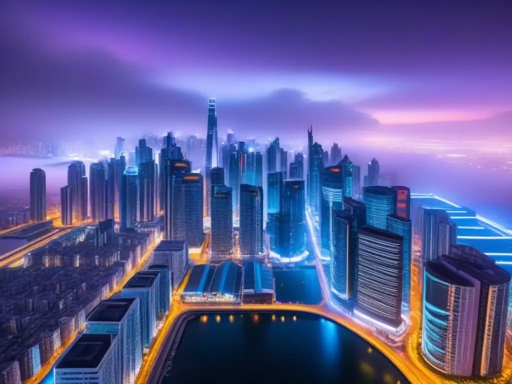 Metrópolis futurista: luces y tecnología en armonía Vista nocturna futurista de una ciudad con rascacielos brillantes y sistemas de transporte avanzados