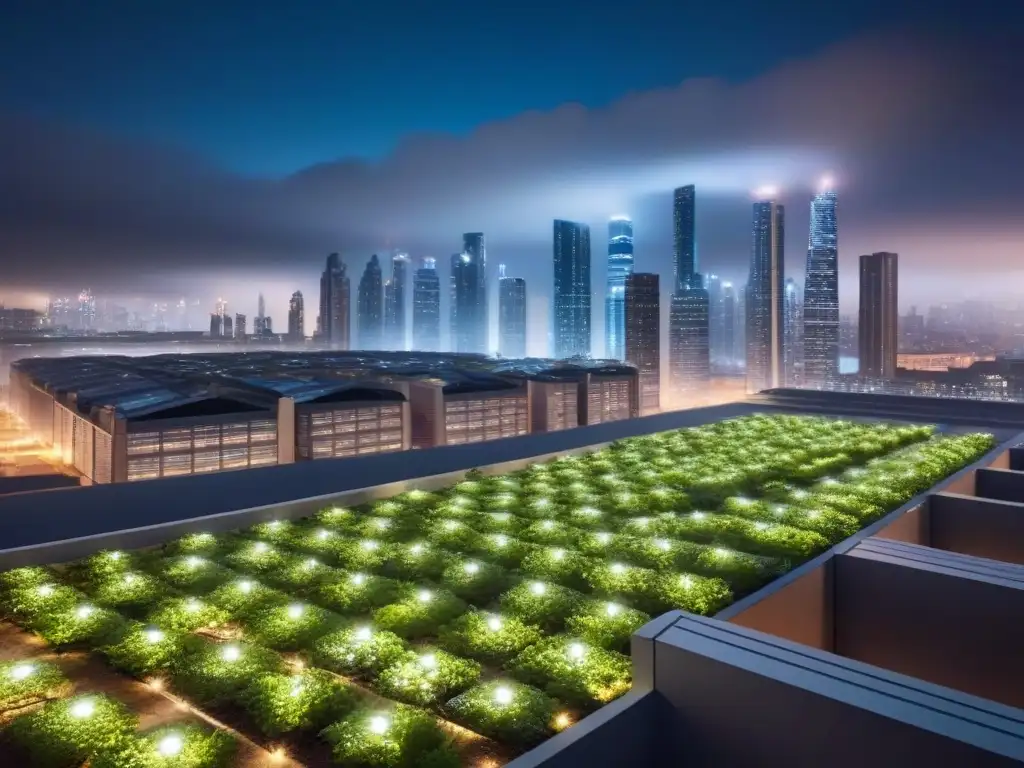 Metrópolis futurista: edificios de energía cero en la noche Vista nocturna futurista de una ciudad con Edificaciones Zero Net Energy internacional, iluminadas por diseños innovadores