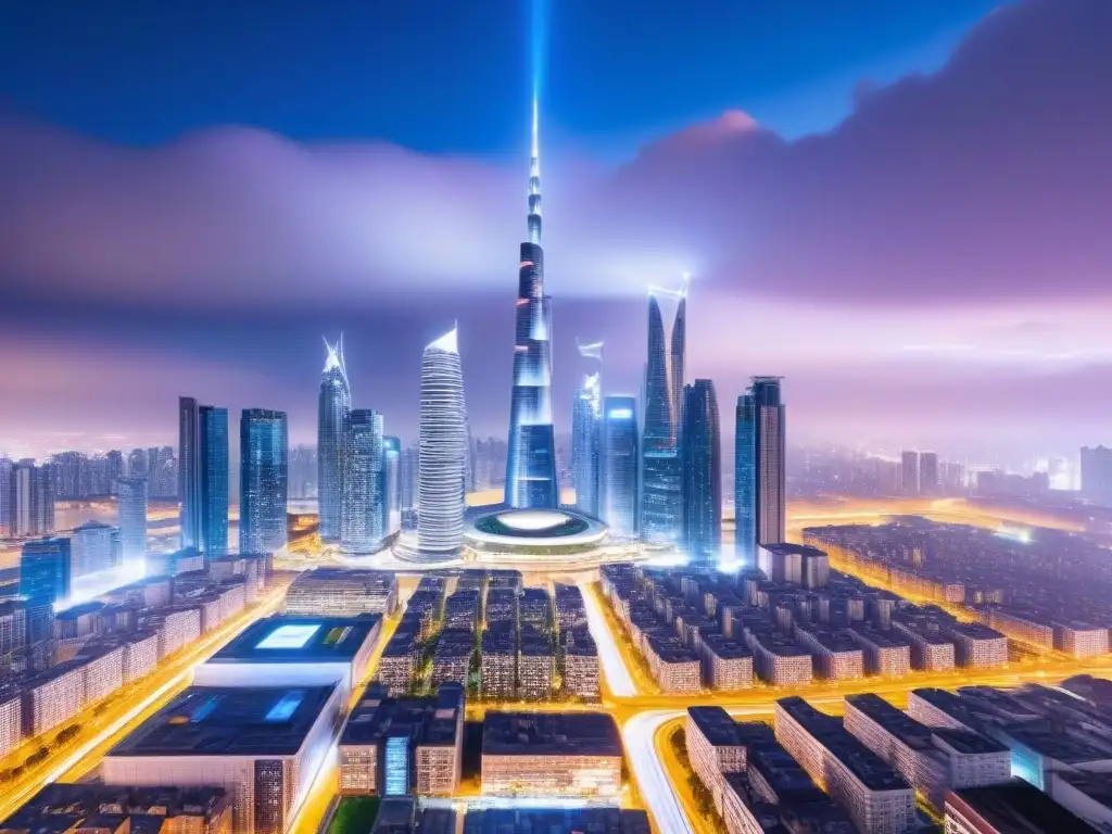 Skyline futurista: IoT en la ciudad inteligente Vista nocturna futurista de una ciudad inteligente con tecnologías IoT, simbolizando la inversión inmobiliaria internacional análisis IoT
