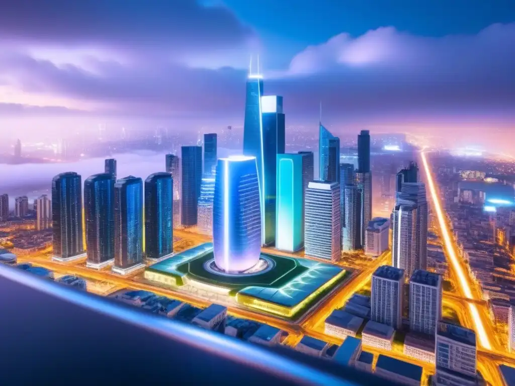 Ciudad futurista cybersegura: rascacielos holográficos en 8K Vista nocturna futurista de la ciudad con hologramas de ciberseguridad en inversiones inmobiliarias internacionales