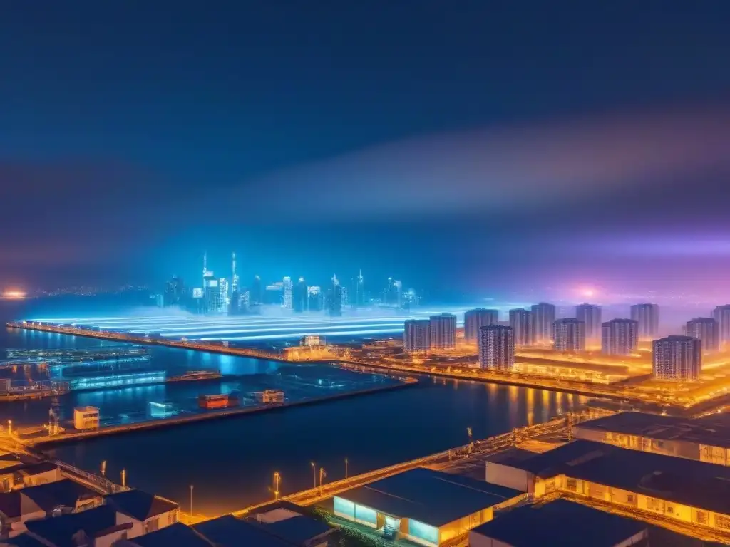 Metrópolis futurista: blockchain en inversiones inmobiliarias Vista nocturna futurista de una ciudad iluminada por luces de neón con patrones de blockchain, integrando tecnología blockchain en inversiones inmobiliarias globales