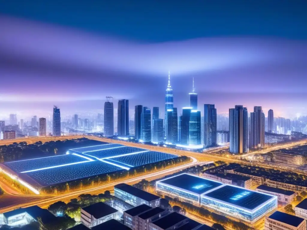 Metrópolis del futuro: datos inmobiliarios en tiempo real Vista nocturna futurista de la ciudad con rascacielos iluminados y pantallas digitales mostrando análisis de Big Data en mercado inmobiliario