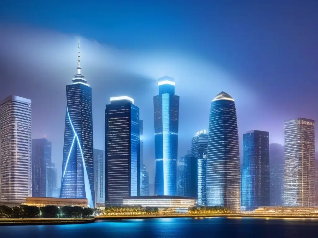 Metrópolis futurista: Big Data en inversiones inmobiliarias Vista nocturna futurista de ciudad con rascacielos iluminados y datos globales, simbolizando Inversiones inmobiliarias internacionales con Big Data