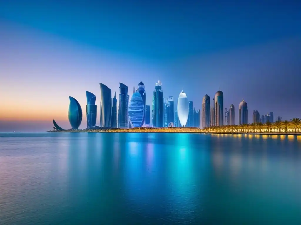 Skyline futurista de Doha, Qatar: luces neón y lujo Vista nocturna futurista de Doha, Qatar, con luces de neón y rascacielos