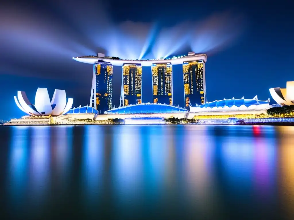 Espectacular skyline de Singapur con Marina Bay Sands de noche Vista nocturna de Singapur con el icónico hotel Marina Bay Sands y luces de la ciudad brillantes, ideal para inversionistas en ciudades asiáticas