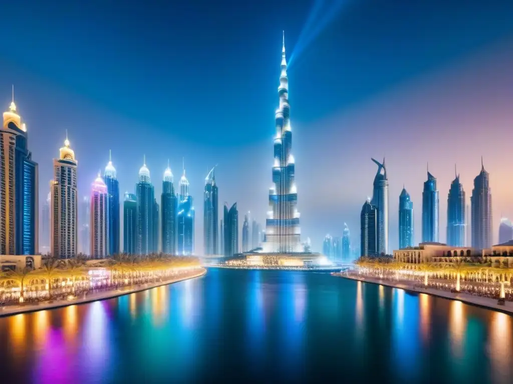 Esplendor nocturno: skyline de Dubai y Burj Khalifa iluminados Vista nocturna de Dubái con Burj Khalifa iluminado y rascacielos futuristas, reflejados en las aguas tranquilas de la Fuente de Dubái