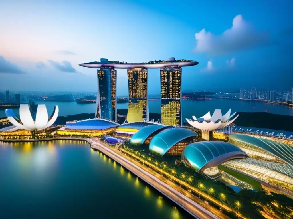 Espléndido skyline nocturno de Singapur: Marina Bay y Gardens by the Bay iluminados en colores vibrantes Vista nocturna de Singapur con Marina Bay Sands iluminado y Rendimientos inmobiliarios en Sudeste Asiático